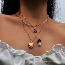 Creative pastoral mix and match mushroom cherry rhinestone necklace holiday style tassel multi-layer necklace